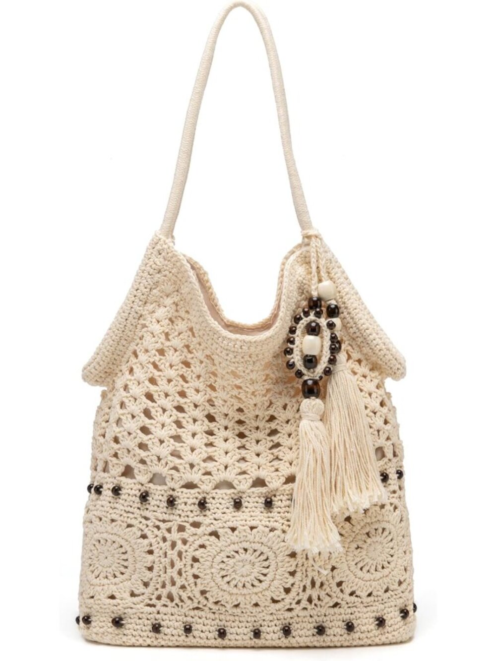 Boho Crochet Hobo Tote Bag for Women | Woven Macrame Beach Purse with Tassels